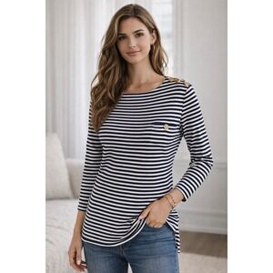Tory Burch Navy and White Striped Long Sleeve Top